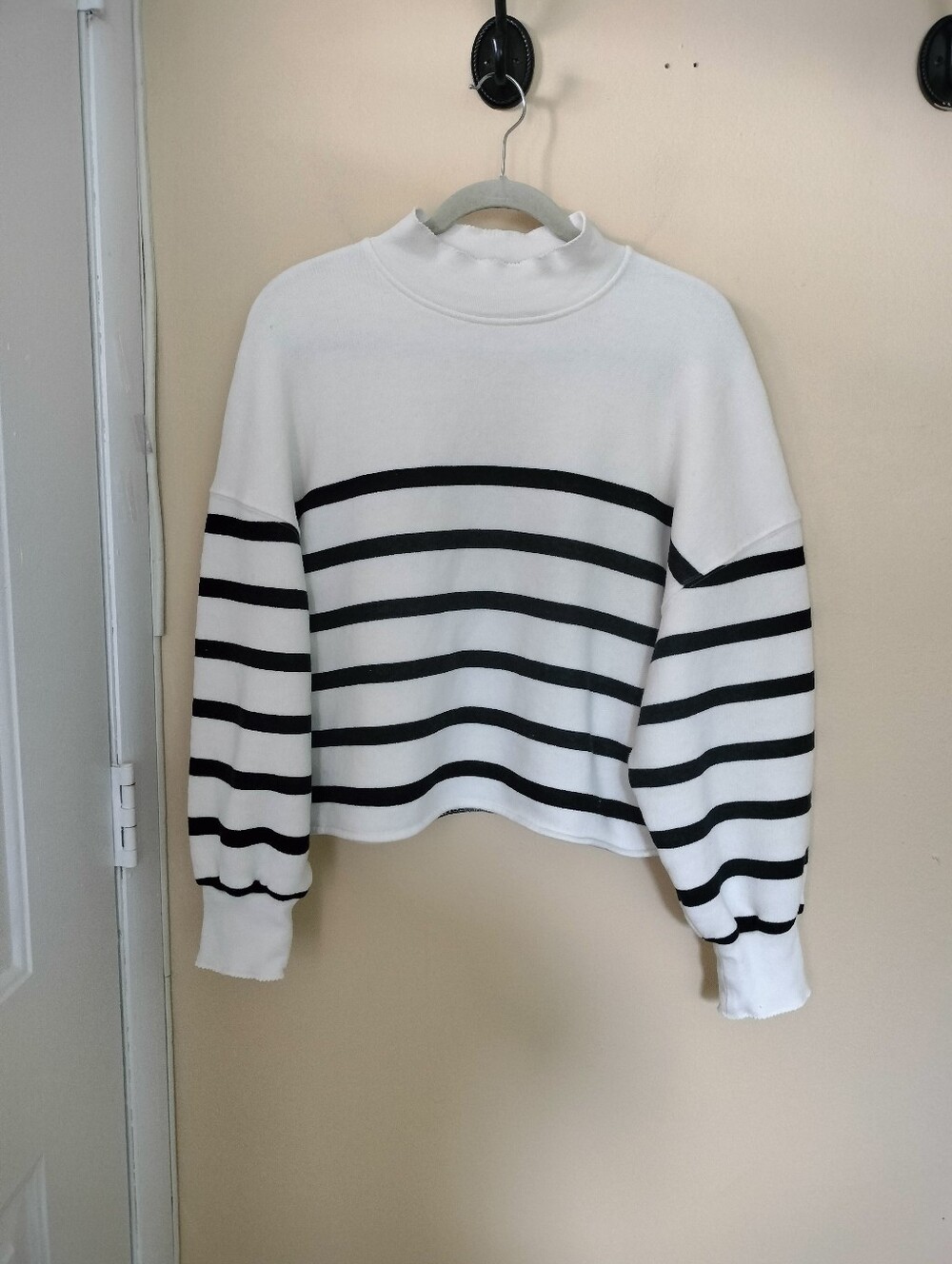 J Crew Heritage Terry Cotton Mock Neck Black White Stripe Sweater XL Relax